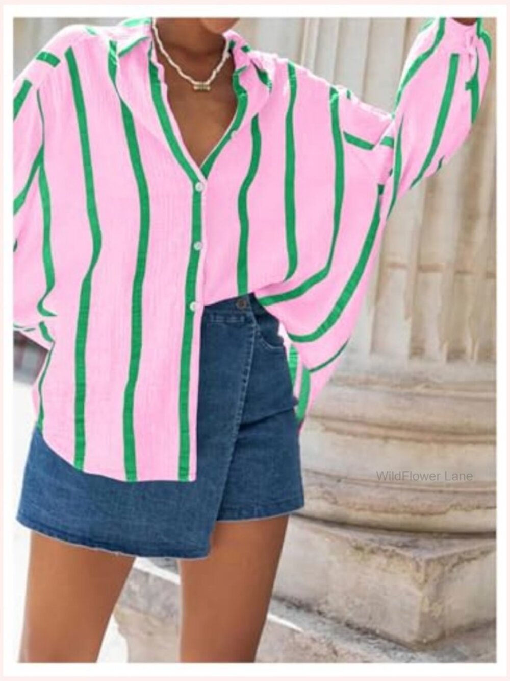 Striped Button Down Blouse Oversized Long Sleeve Collared Shirt - Picture 4 of 5
